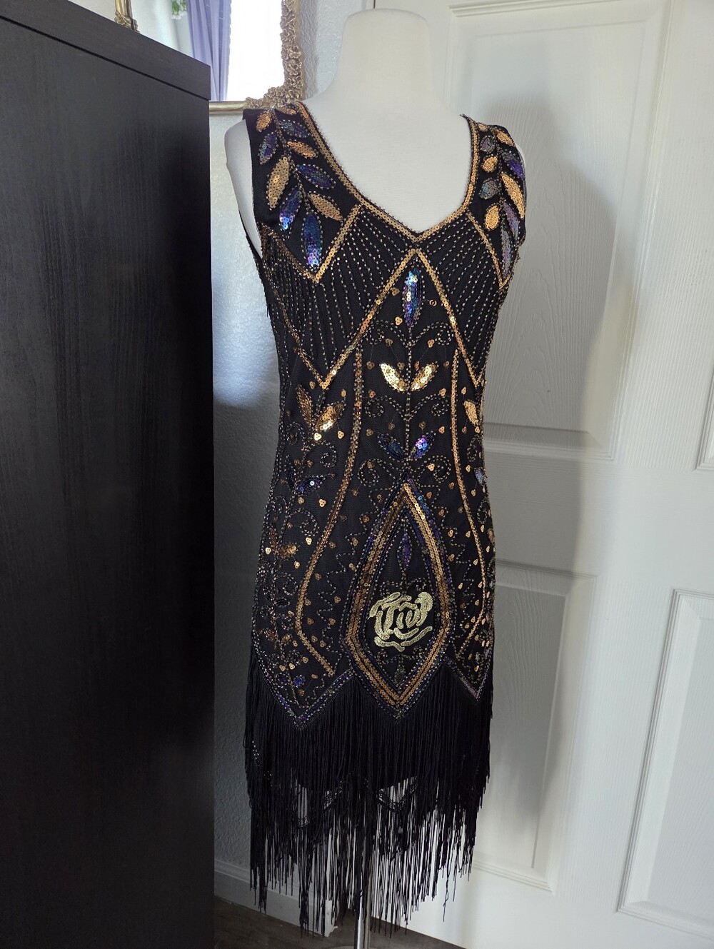 Black Flapper Dress Roaring 20's Costume Fringe Hem Gold Accent